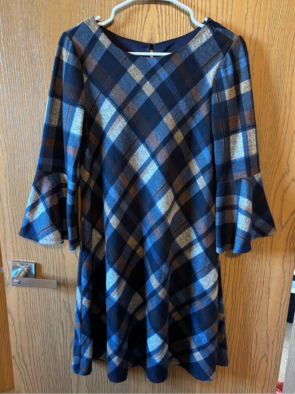 Plaid Bell-Sleeve Mini Dress in Navy, Brown and Cream